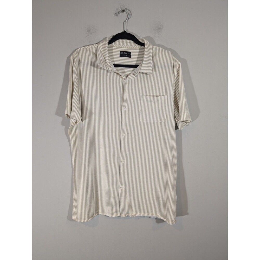 Good Life Top Men XL White Tan Stripe Short Sleeve Button Up Shirt Sleazecore